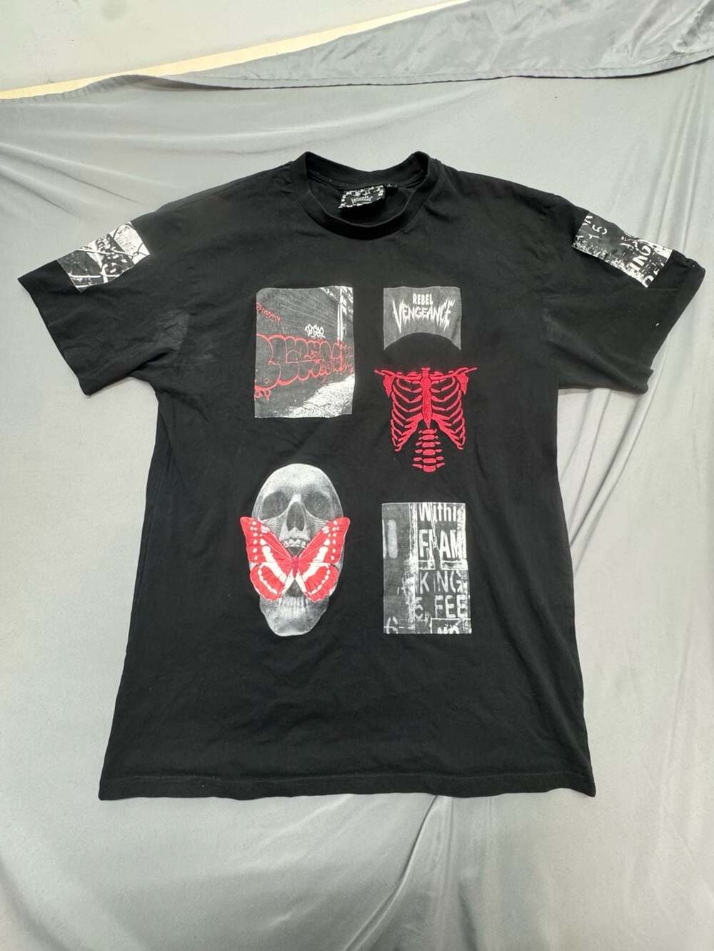 Rebel Vengeance Graphic T-Shirt Size L Black Skull Butterfly